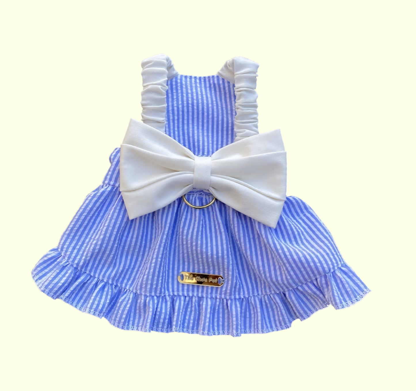 Blue pet cotton dress with white bow and white shoulders