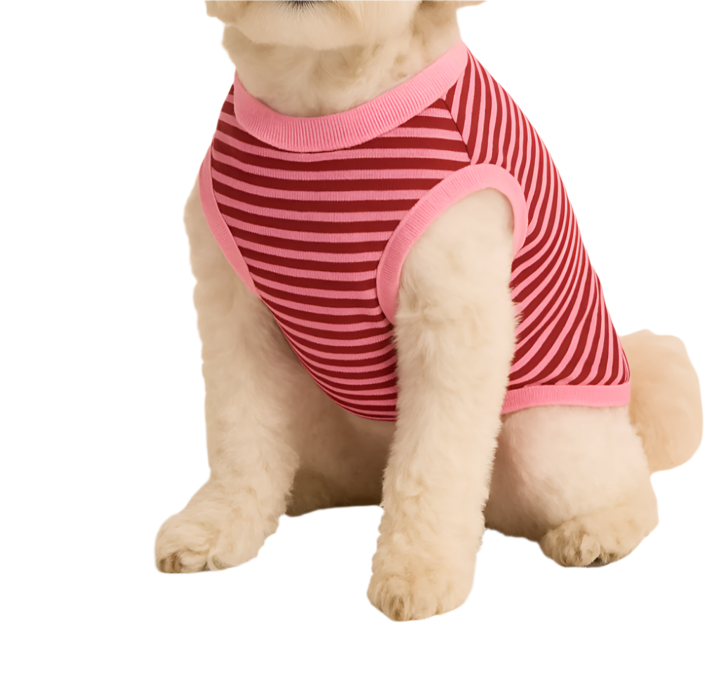 Small white dog wearing a dark pink and light pink striped shirt on a beige background