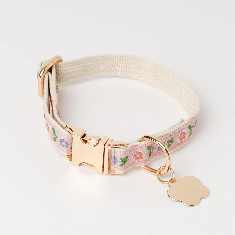 Floral-patterned dog collar with gold hardware and tag on a white background
