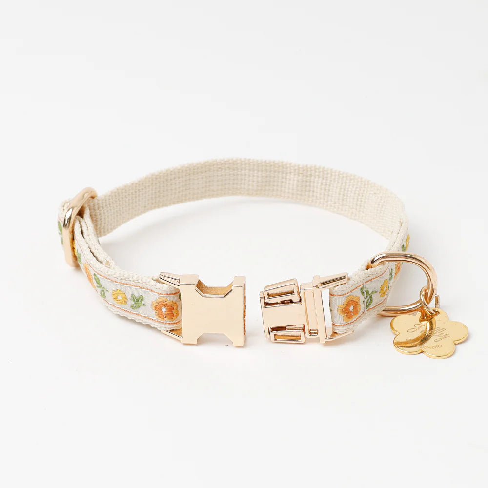 Dog collar with floral pattern and gold hardware on a white background