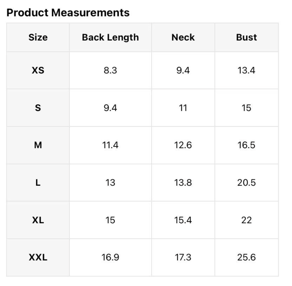Table of product measurements including back length, neck, and bust for sizes XS to XXL.