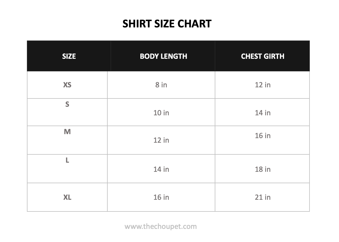 shirt size chart The Chou Pet