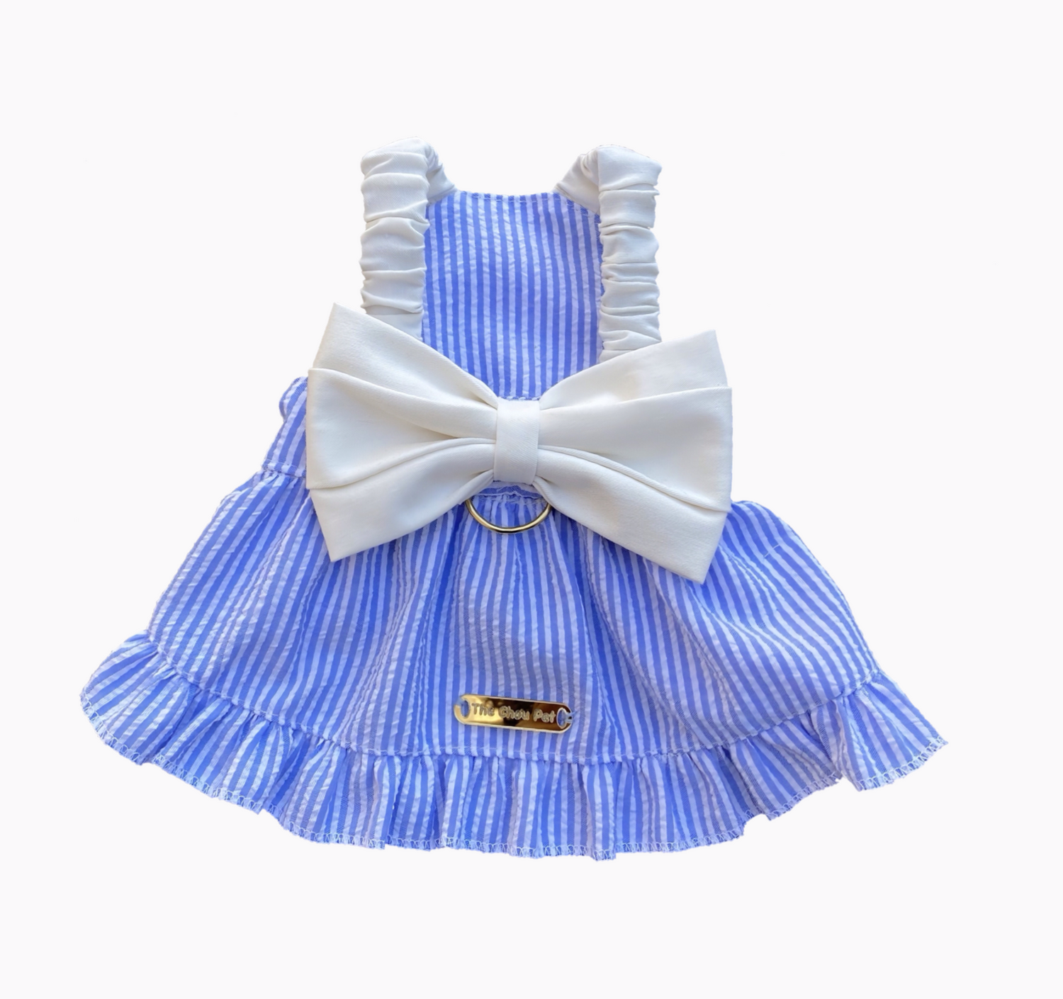 Blue pet cotton dress with ribbon 