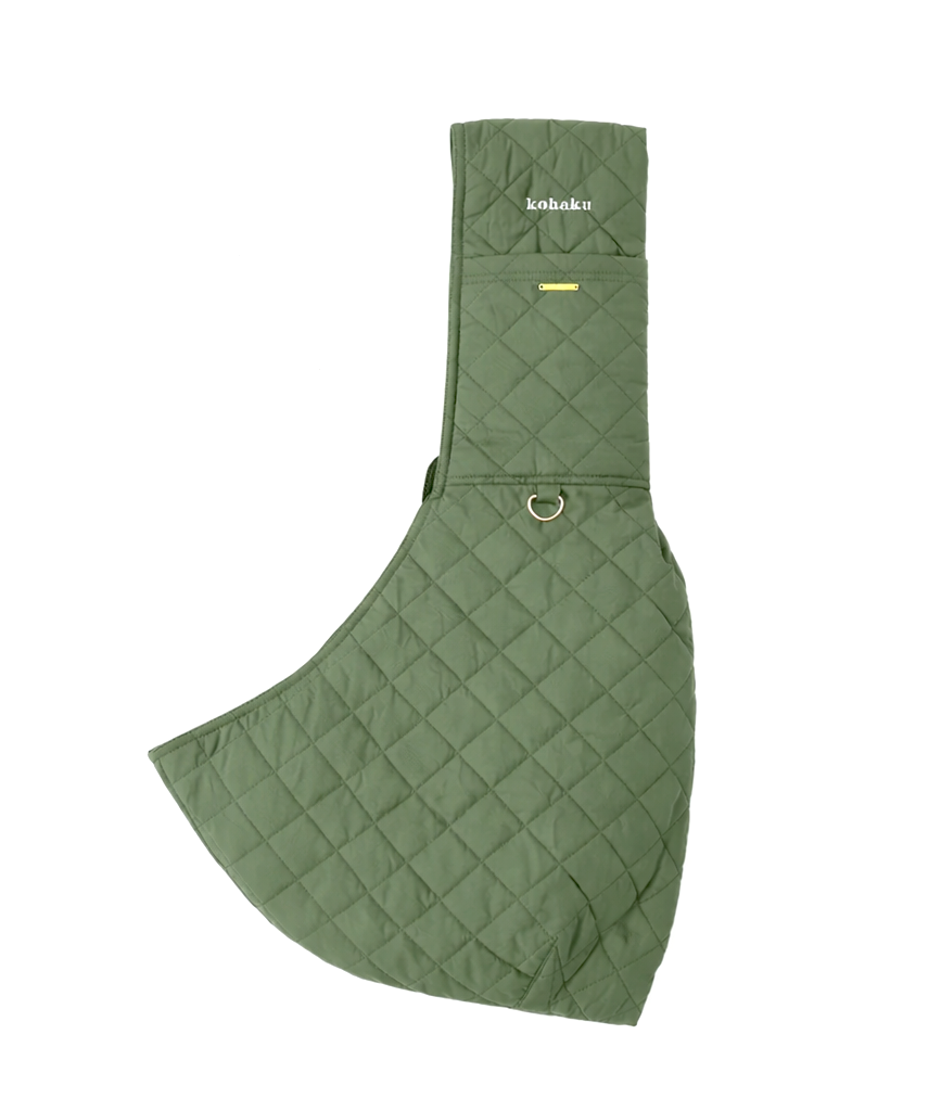 Green quilted bag with brand logo on a white background