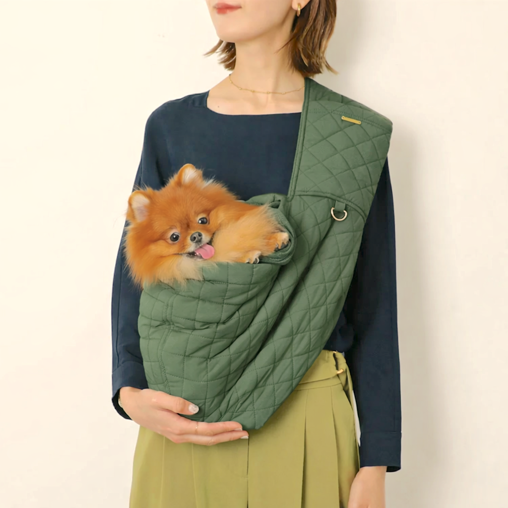 Person holding a small dog in a green quilted carrier against a plain background