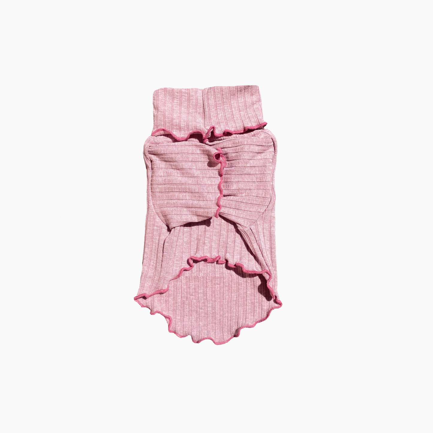 Pink ribbed pet sweater with pink ruffles back on the white background