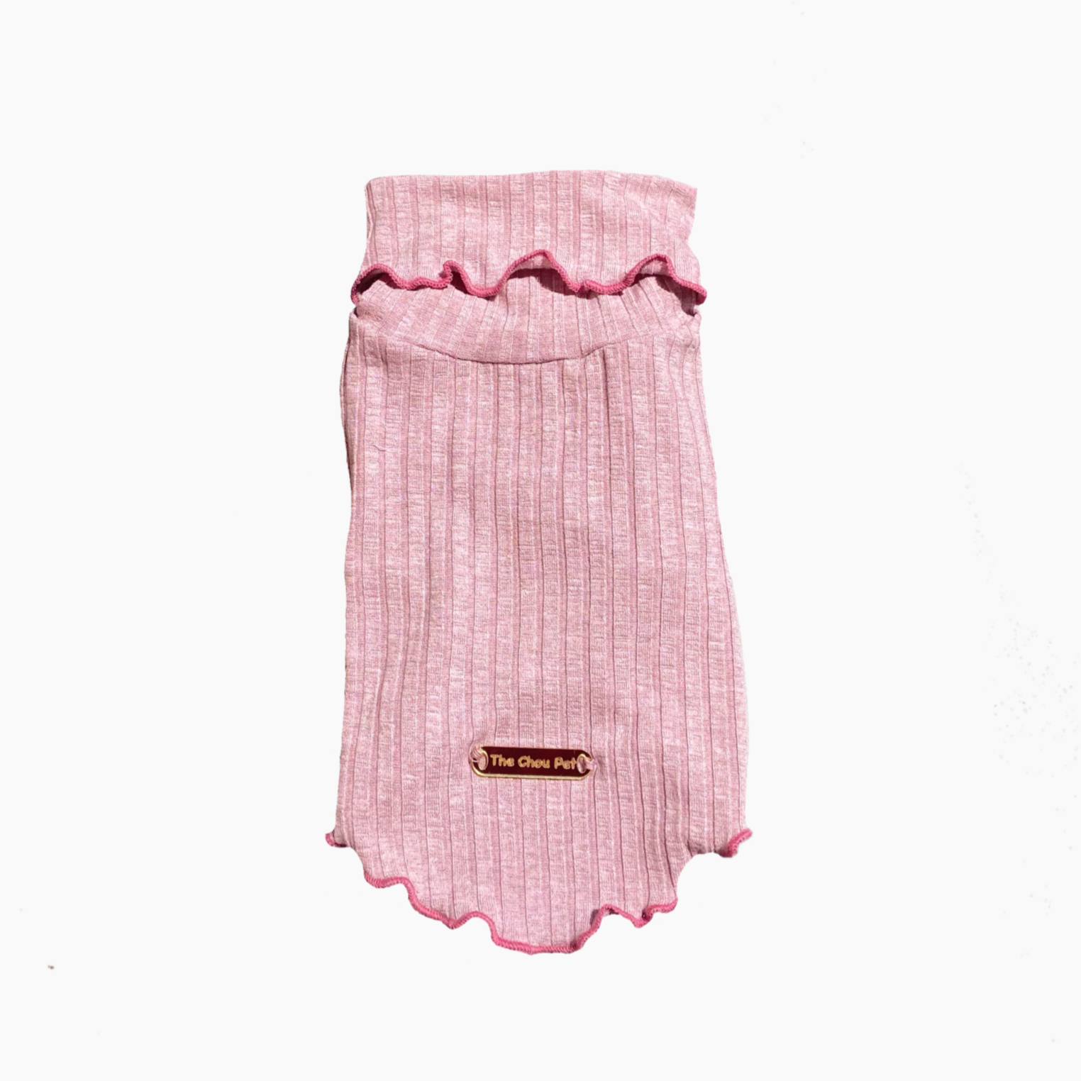 Pink ribbed pet sweater with pink ruffles on a white background.