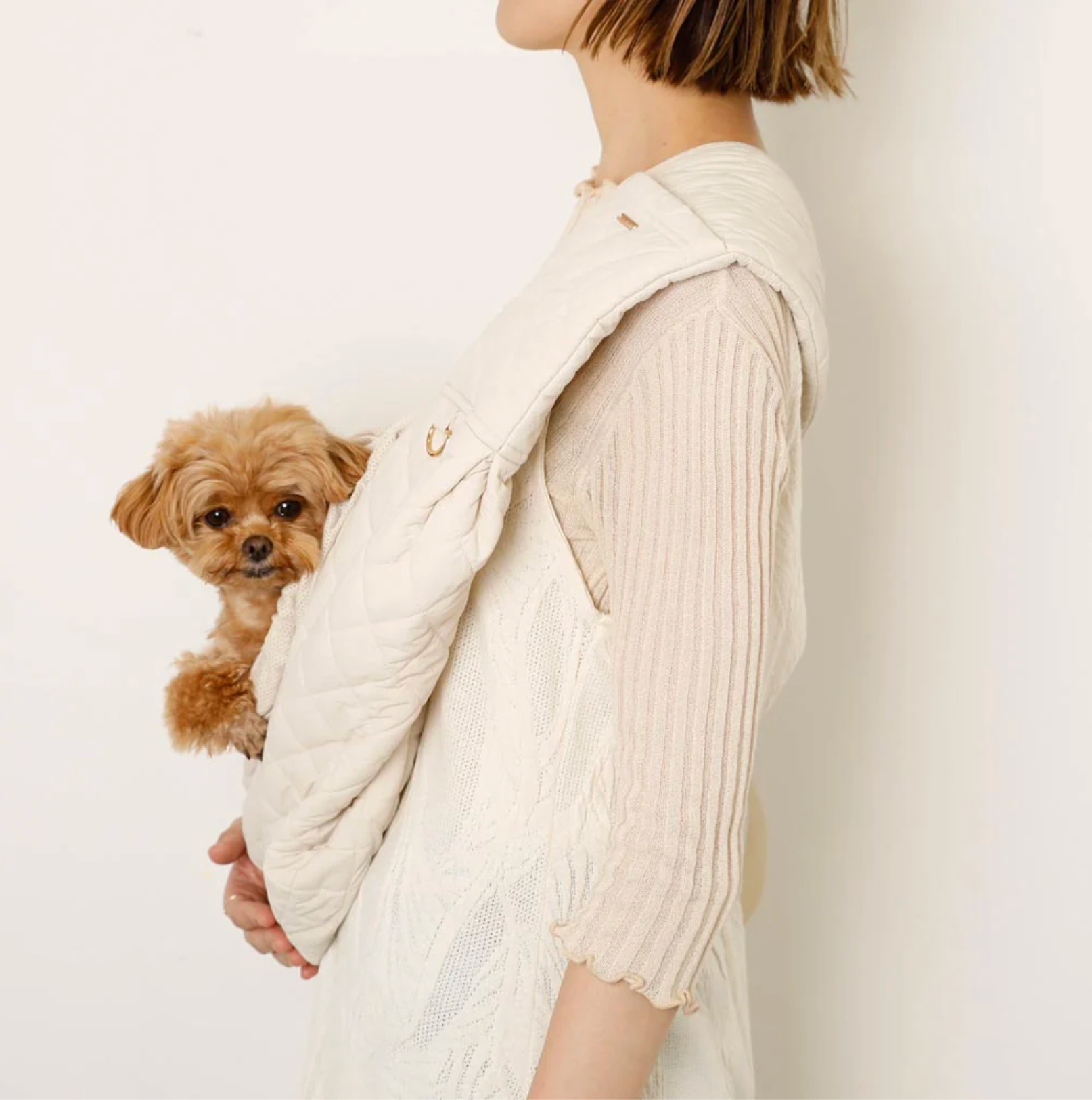Person wearing a cream-colored knit cardigan holding a small dog on a plain background