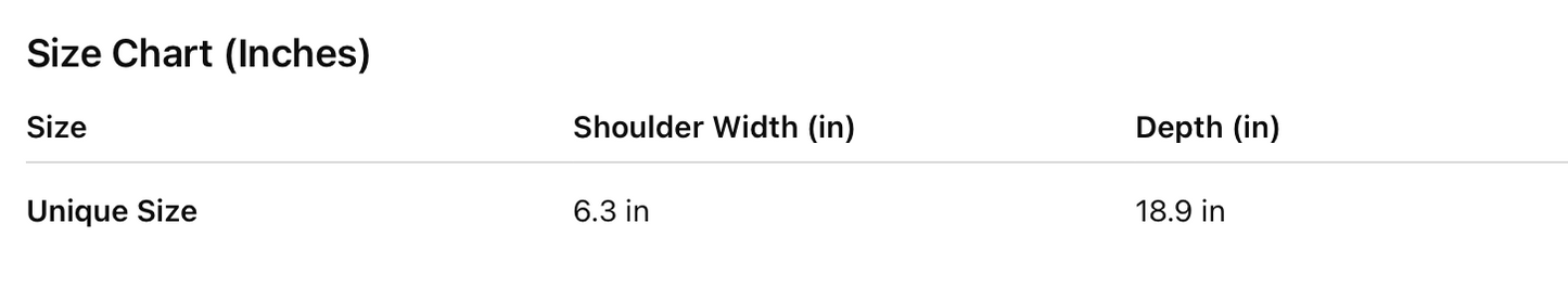 Size chart for a garment with shoulder width and depth measurements in inches.