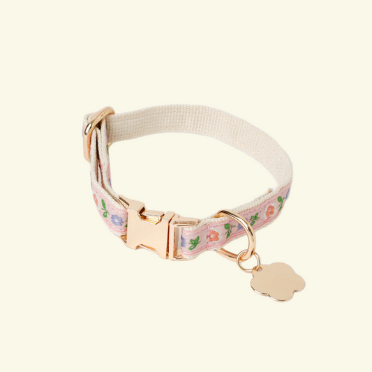Flowers Collar + engraved Pet Name (Pink)