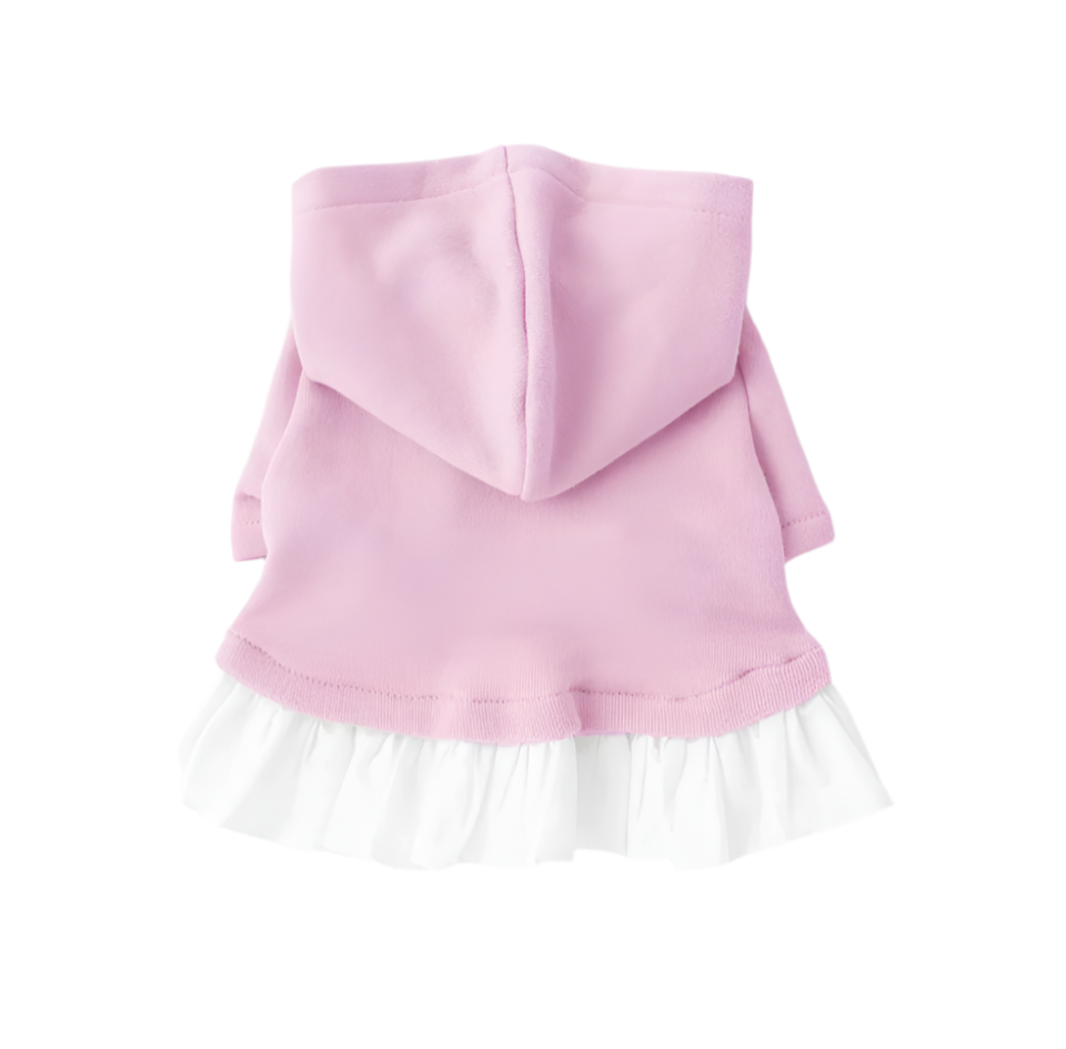 Pink hoodie with a white skirt on a light gray background