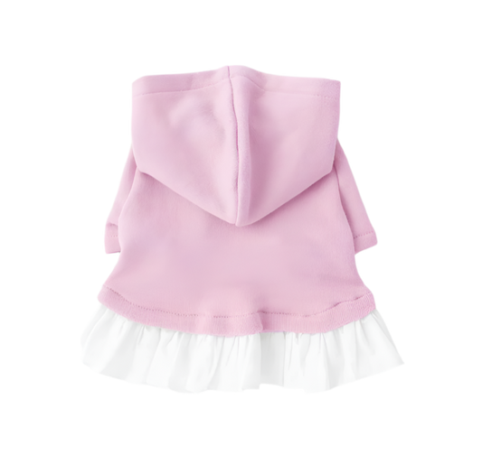 Pink hoodie with a white skirt on a light gray background