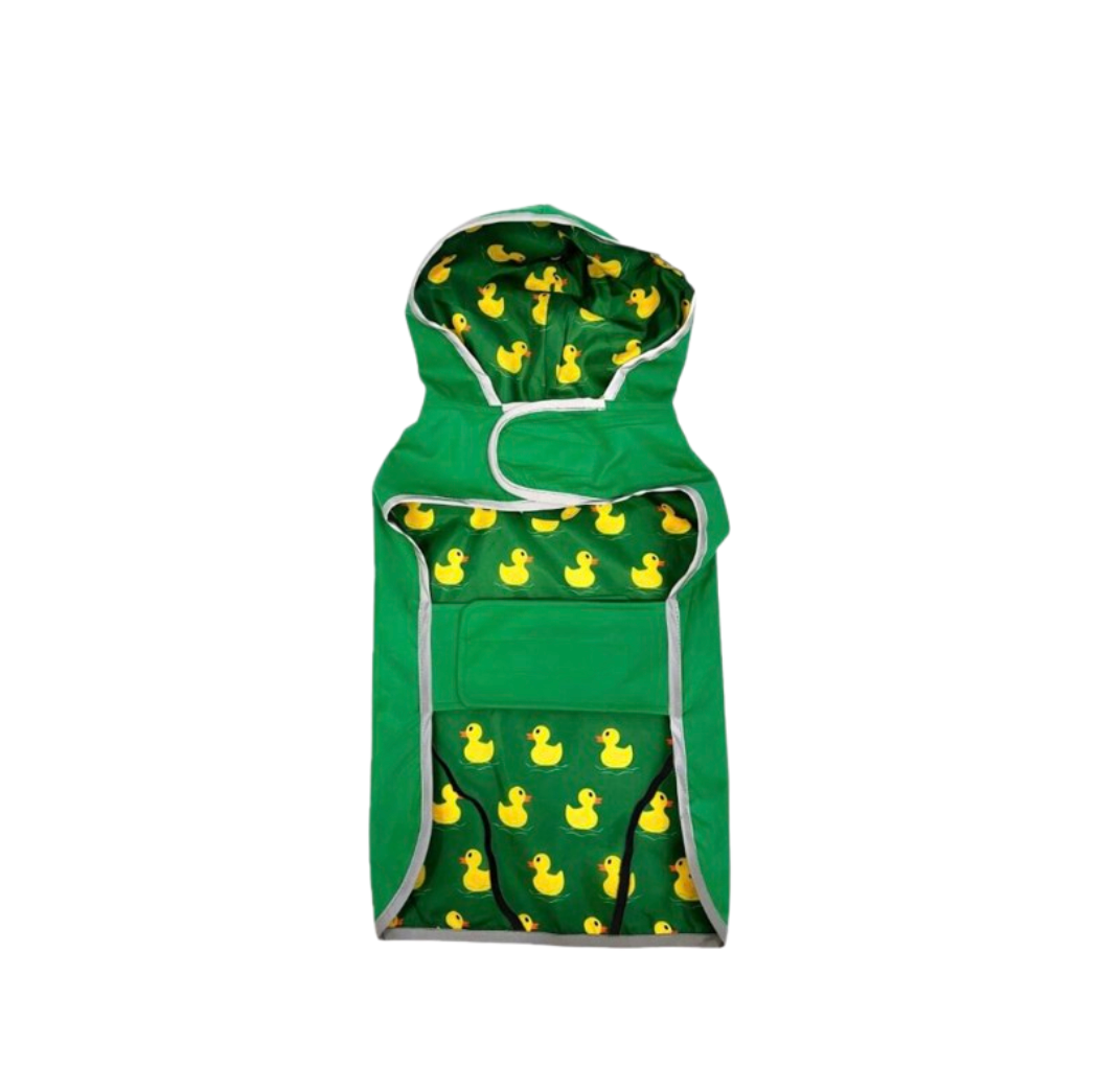 Green pet hooded raincoat with yellow duck pattern on a white background